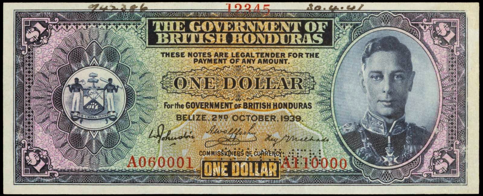 British Honduras Notes One Dollar banknote 1939 King George VI