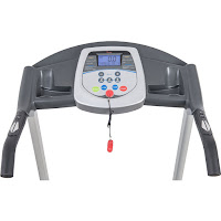 Sunny SF-T7603's console with premium LCD screen, displays time, speed, distance, calories, pulse. Handrail controls for controlling speed, start, stop, Contact pulse grip heart-rate sensors in handrails