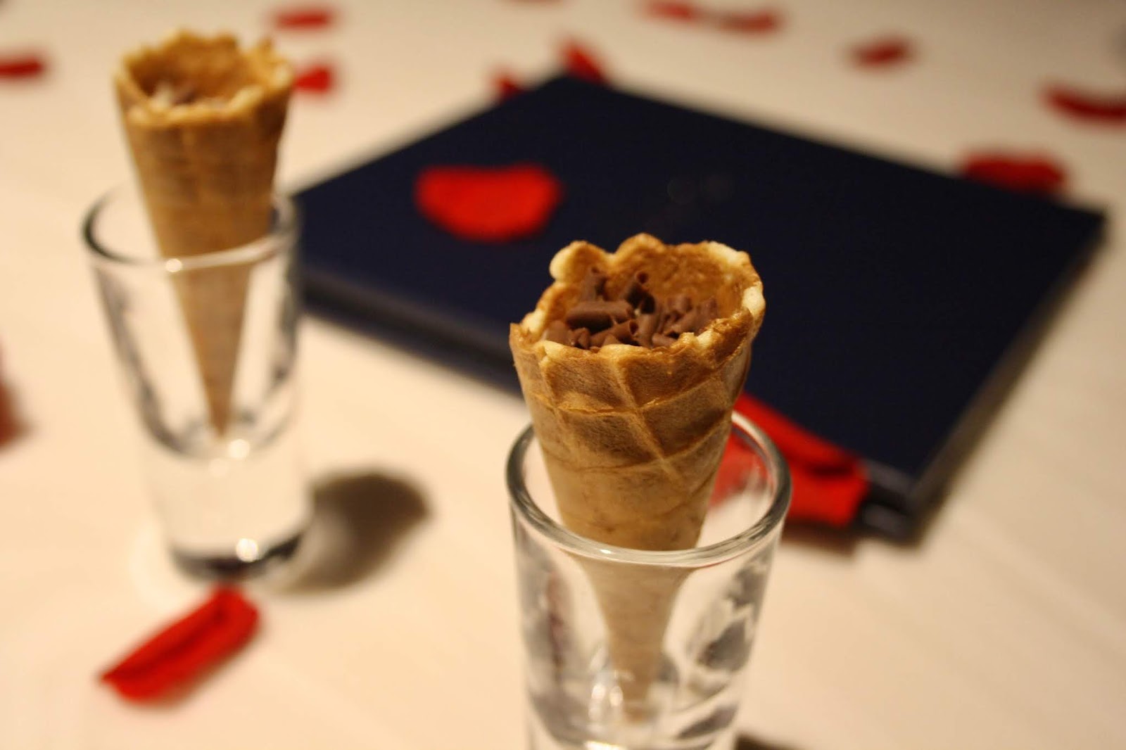 haute dolci Leicester starters, mini waffle cones filled with chocolate, sitting in shot glasses