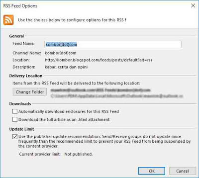 tampilan pilihan lanjut saat menambahkan subskripsi baru rss feed pada microsoft outlook