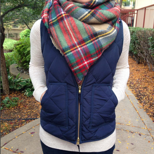 blanket scarf with a puffer vest