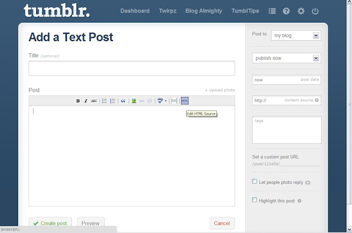 The Tumblr editor - selecting HTML source code