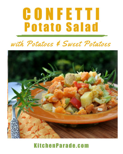 Confetti Potato Salad ♥ KitchenParade.com, a colorful mix of sweet potatoes, potatoes and vegetables. No mayonnaise.