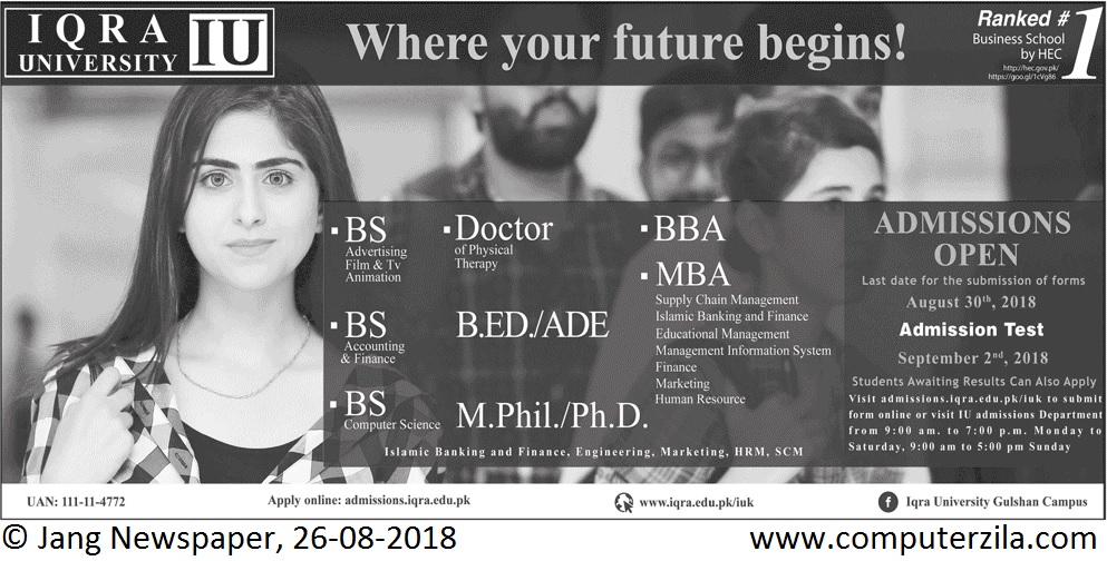 Admissions Open For Fall 2018 At IQRA Karachi Campus