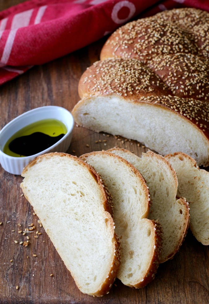 Scali bread is a braided Italian style bread that is coated in sesame seeds. The interior is very light and fluffy and the crust is super soft.
