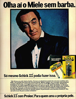 propaganda aparelho de barbear Schick II com Miele - 1979. anos 70. Oswaldo Hernandez. propaganda anos 70. Reclame anos 70 