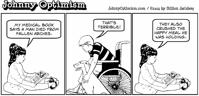 johnny optimism, johnnyoptimism, stilton jarlsberg, medical, humor, doctor, sick, jokes, wheelchair, boy and his dog, medical book, hypochondriac, death