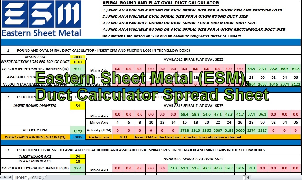 Engineeringxls Eastern Sheet Metal (ESM), Duct Calculator Spread Sheet