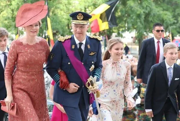 Crown Princess Elisabeth wore Erdem dress. King Philippe, Queen Mathilde, Princess Eleonore, Prince Gabriel and Prince Emmanuel. Natan