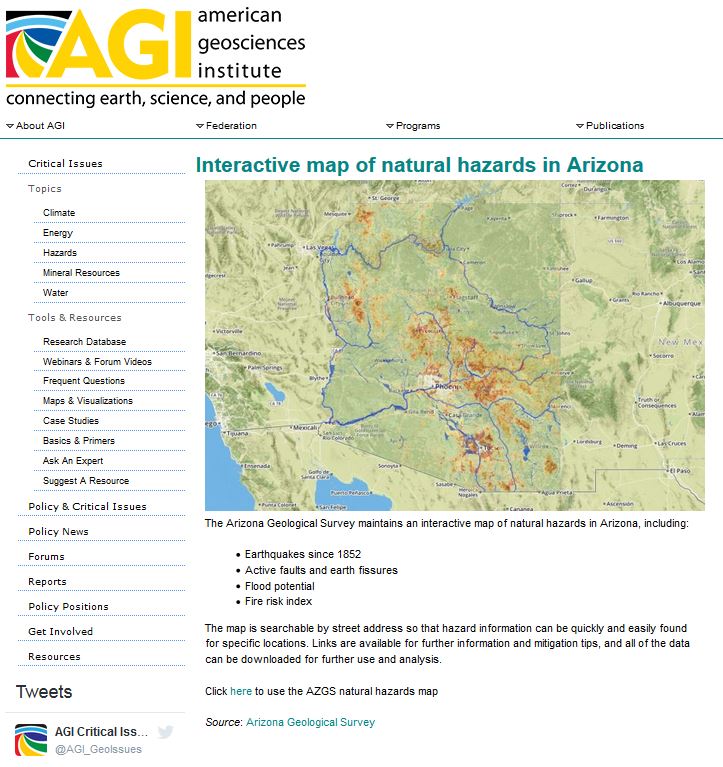 Arizona Geology Arizona natural hazards viewer is AGI Map of the Day
