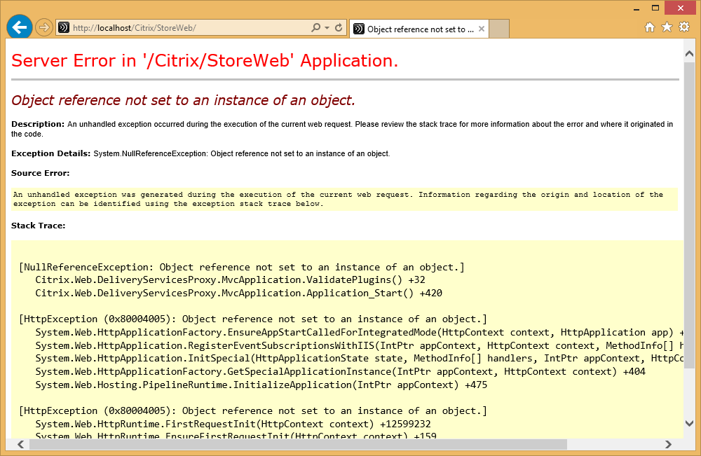 Citrix XenApp StoreFront web shows error "Object reference not set to