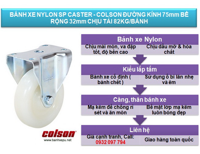 Bánh xe công nghiệp Nylon cố định chịu tải 82kg S23058255C