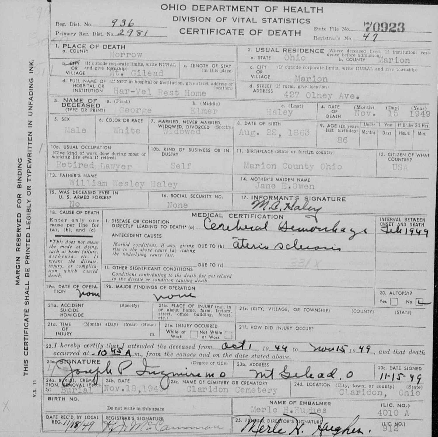Elmer Haley Death Certificate, 1949, Morrow County, Ohio TJL Genes Preserving Our