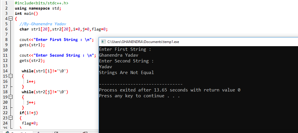 C Program to Compare Two Strings Without Using strcmp Function