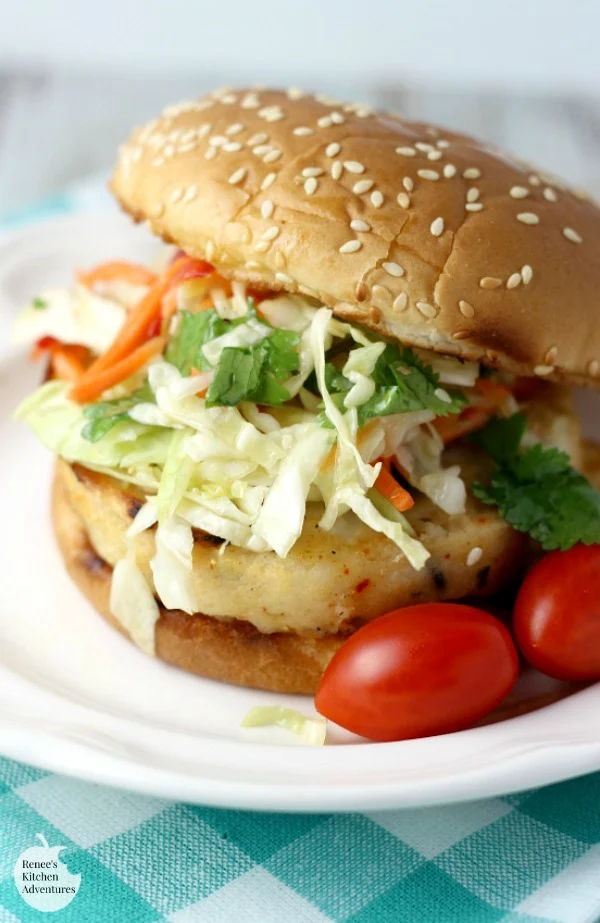 Alaskan Pollock Burgers with Spic Orange-Ginger Slaw | by Renee's Kitchen Adventures - easy dinner recipe featuring Alaskan Pollock Burgers topped with a sweet and spicy orange-ginger slaw  #Swapyourburger #ad 