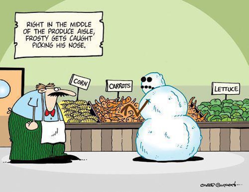 Frosty the snowman gets caught picking his nose right in the produce aisle, snow, nose picker, cartoon