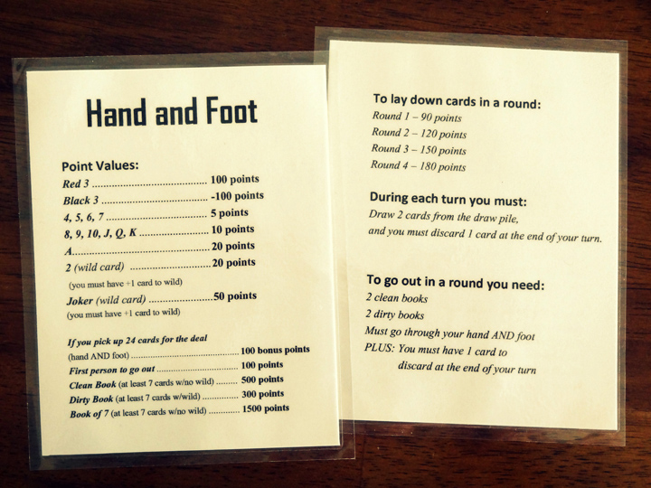 Printable Hand And Foot Cheat Sheet