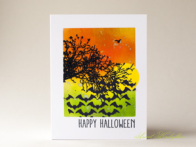 Halloween Card with Batground Layering Stencil from Tim Holtz by Sweet Kobylkin