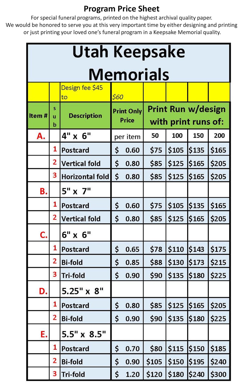 Keepsake Memorials Pricing