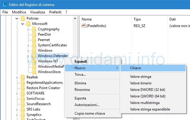 Nuova chiave Windows Defender registro di sistema