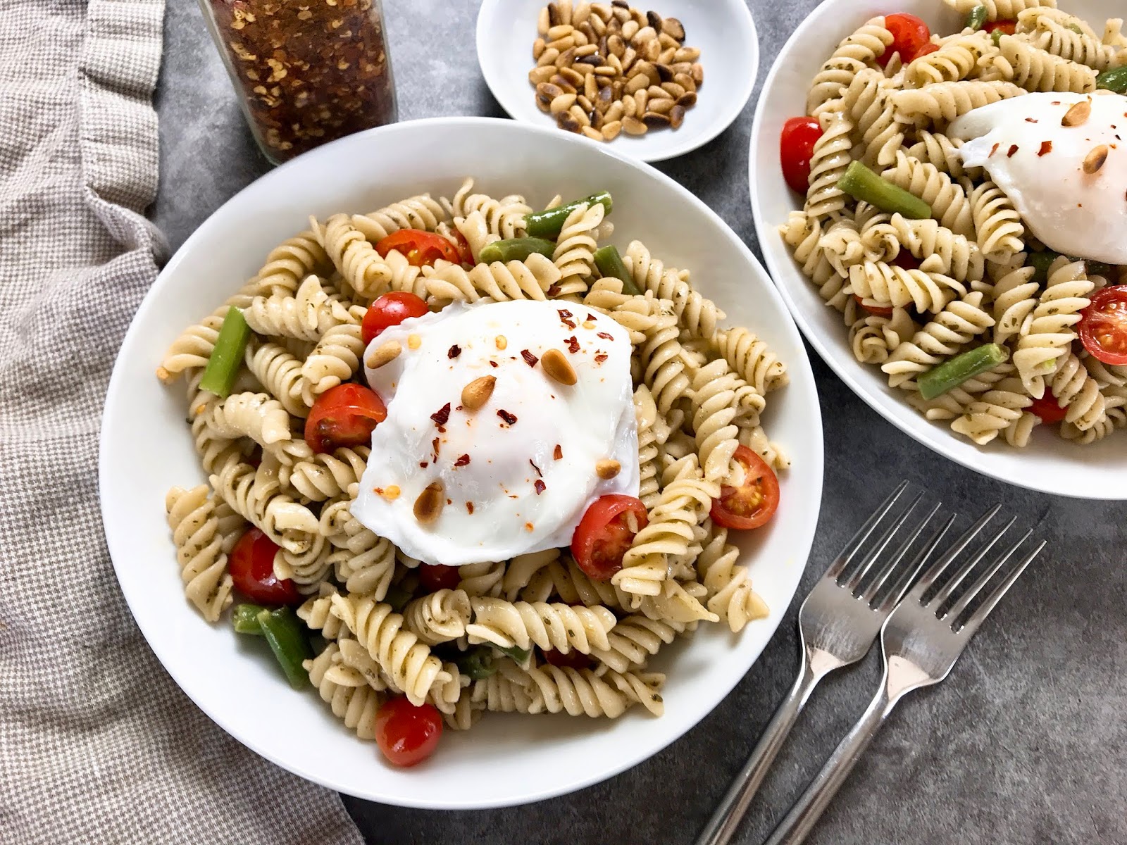 Pesto Pasta Salad with Poached Egg