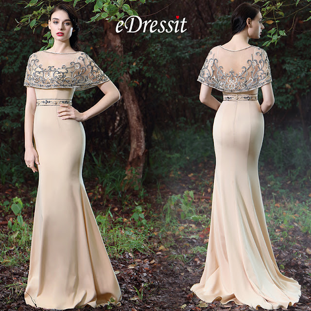 eDressit Beige Cape Embroidery Beaded Evening Gown