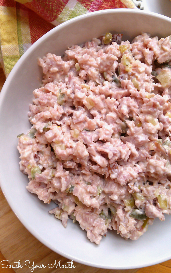 Ham Salad (also called Deviled Ham Salad) is ground or chopped ham with sweet pickle relish and mayo and is amazing on sandwiches or crackers.