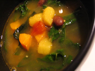 Sweet Potato Squash Soup with Pinto Beans and Chard