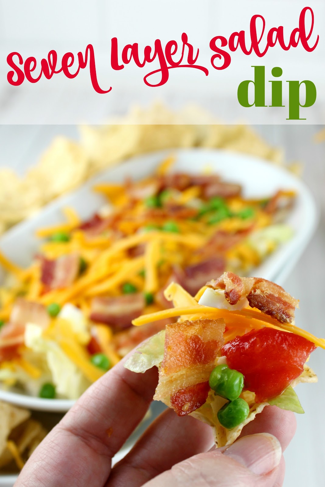 seven layer salad dip - peas, bacon, eggs, and more! make your favorite salad into a dip