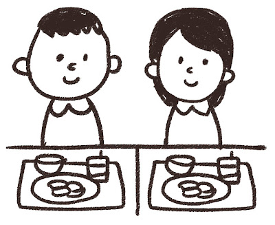 給食のイラスト「男の子と女の子」 白黒線画