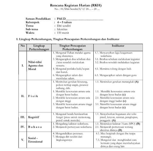 RKH PAUD Kelompok A Tema Diri Sendiri Kurikulum 2013 4