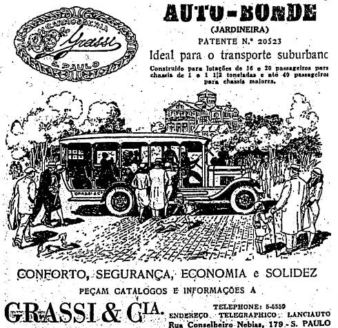 Propaganda do Auto-Bonde Grassi nos anos 30. As jardineiras eram os principais meios de transporte público.