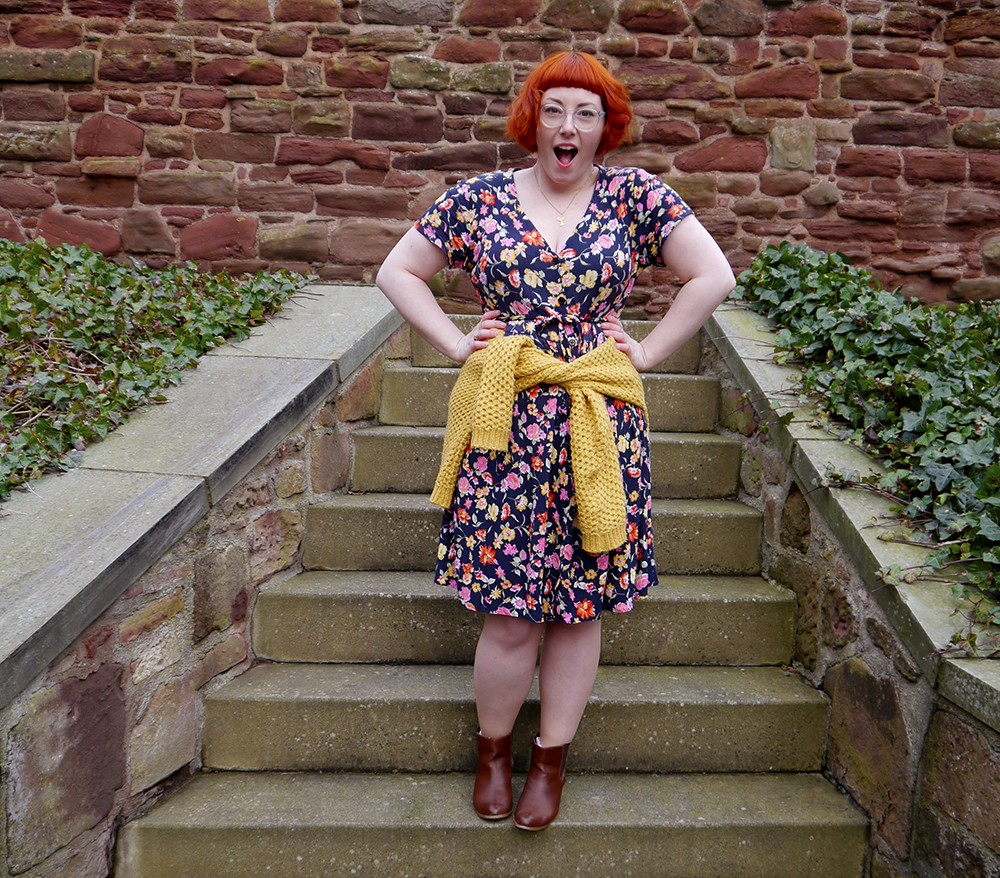 Yellow Jumper Vintage style, vintage floral dress. vintage kilo sale, mustard chunky knit jumper, cody style, comfy outfit, brown zara boots, The Lucky Dip Club charm necklace, Scottish Blogger, red head, ginger bob, Iolla clear glasses