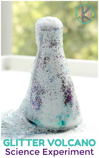 Kids of all ages will be amazed when they see this fun, glitter volcano! This glitter volcano experiment takes the classic volcano science experiment to a whole new level of FUN! This glitter experiment is super simple and easy so that toddler, prsechool, pre-k, kindergarten, first grade, and 2nd graders can all get in on the fun!  So pick out your favorite glitter and try this easy volcano experiment! A kindergarten science experiment doesn't get much better than this!