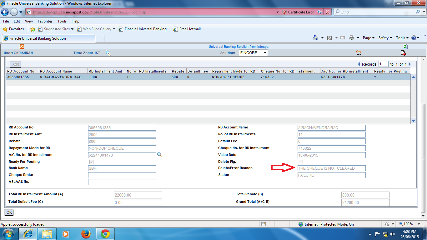 Chequeis not cleared Error in RD bulk posting in DOP Finacle