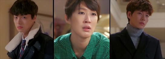 Hong Jin Kyung 홍진경 as Bok Ja, stares longingly at Chun Yoon Jae and Lee Hwi Kyung played by Park Hae Jin 박해진.