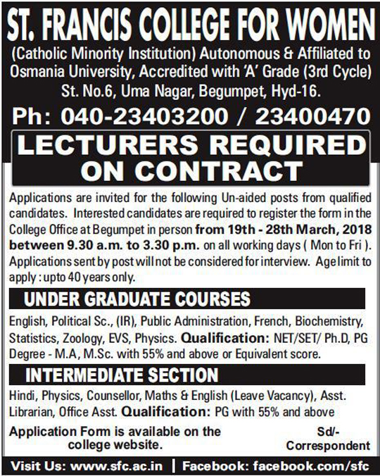 St Francis College Hyderabad Faculty Jobs Recruitments in Biochemistry/Zoology