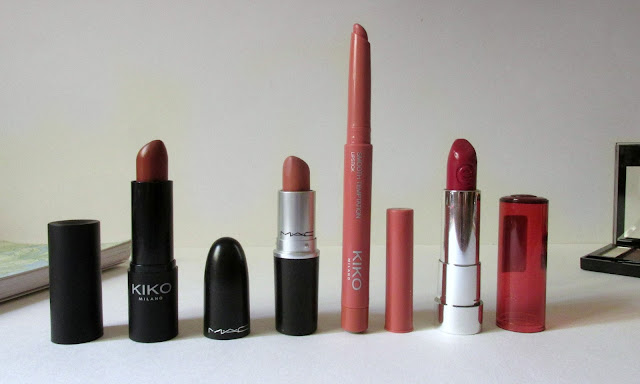 Kiko Milano Smart Lipstick in 925, MAC Matte Lipstick in Velvet Teddy, Kiko Milano Smooth Temptation Lipstick in 04, Essence Sheer & Shine Lipstick in 09, current lip picks