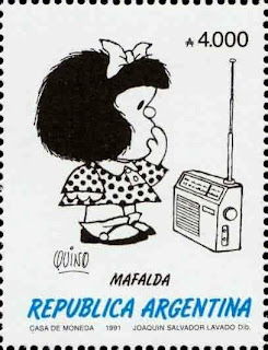 Sello de Mafalda escuchando la radio