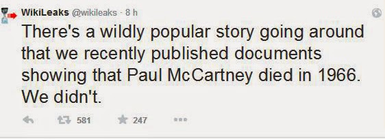 Paul McCartney  no murio, segun wikileaks en twitter