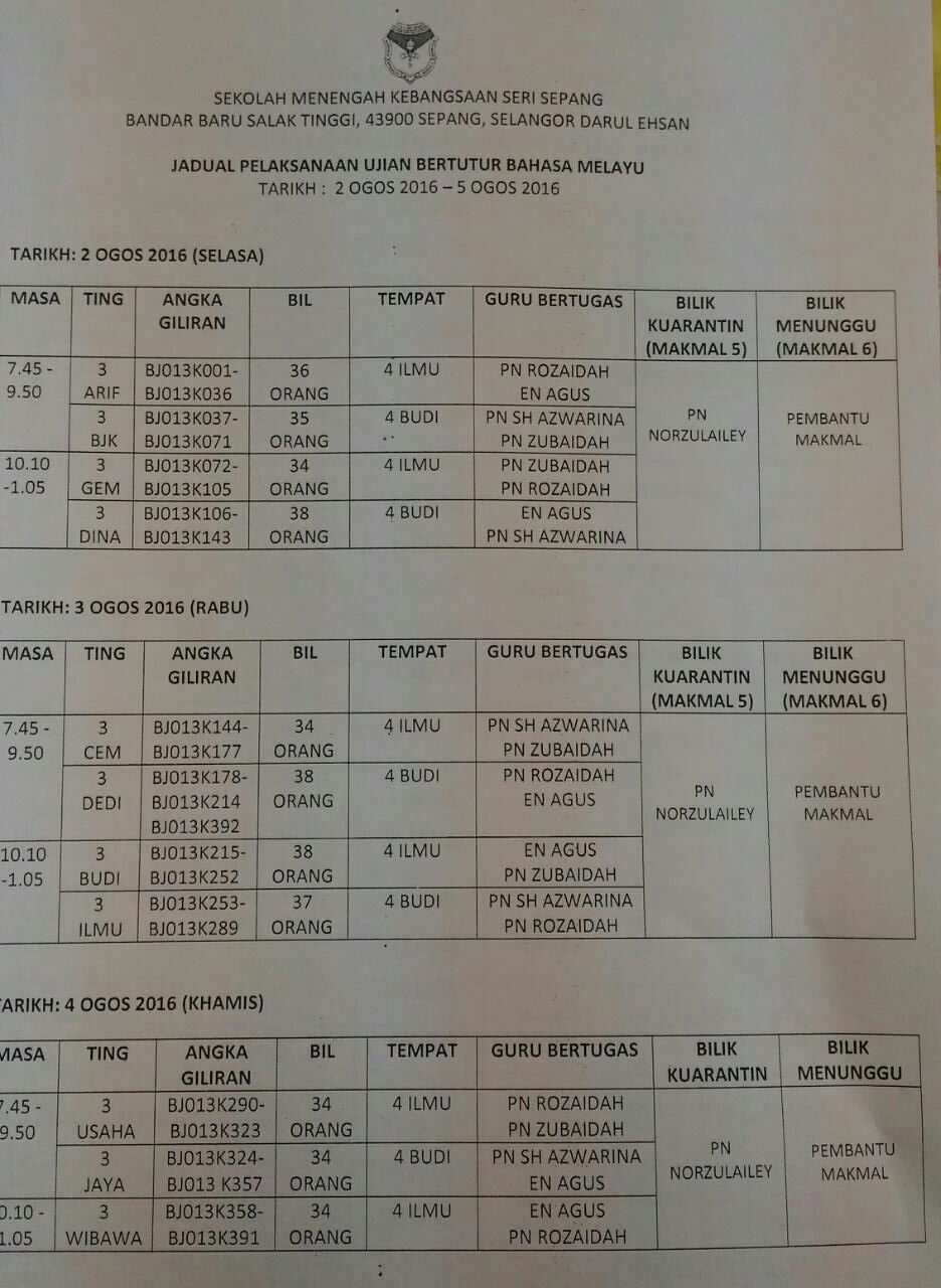 Smk Seri Sepang Makluman Ujian Lisan Bahasa Melayu Pt3 2016