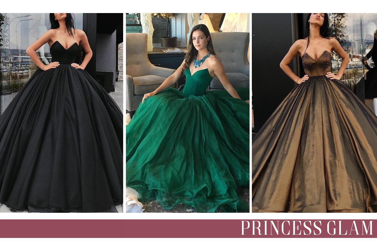 fashion collage with three princess glam gowns for prom