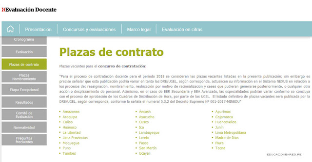 MINEDU publicó Plazas Contrato Docente 2018 - www.minedu.gob.pe