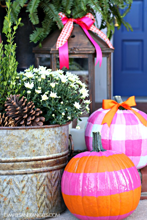 Fall Front Porch Decorations Using Hot Pink And Orange Dimples