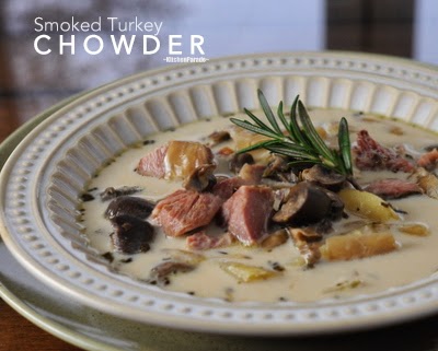 Smoked Turkey Chowder, homemade chowder made with slow-cooked caramelized onions, mushrooms, potatoes, smoked turkey, milk.
