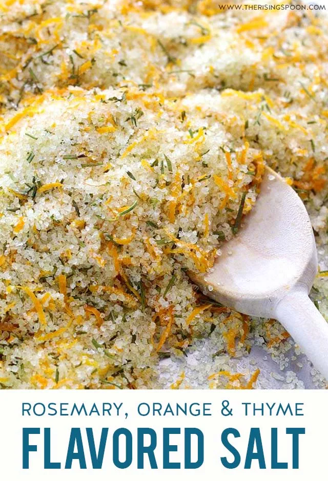 Learn how to make a simple citrus & herb flavored salt with fresh rosemary, orange & thyme. It's perfect for seasoning & finishing foods like poultry, fish & vegetables & makes a wonderful homemade gift for the foodies in your life. You can even use it for natural personal care products like salt scrubs & bath soaks. Fix a batch today in less than an hour! (gluten-free, dairy-free, whole30 friendly, low-carb & vegan)