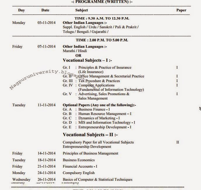 B.Com Part-1 Exam Time Table Winter 2014 (RTMNU)