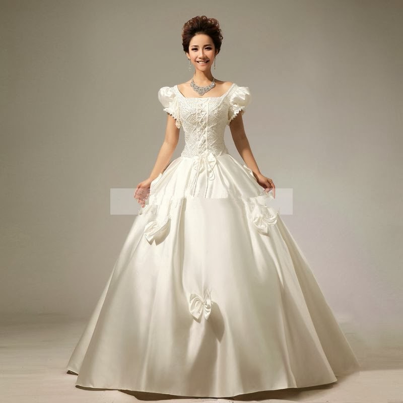 Princess Puff Sleeve Floor Length Ball Gown Wedding Dress
