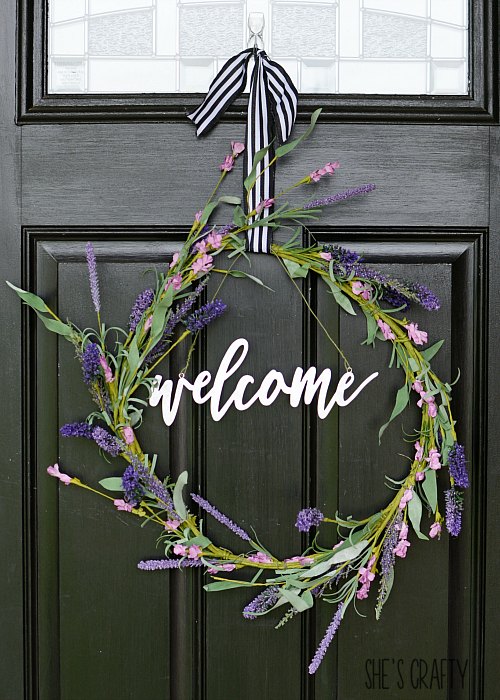 lavender, black door, ribbon hanger, wreath