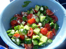 Feta Chopped Salad:  A wonderful Mediterranean inspired salad bursting with fresh cucumbers and tomatoes and a soft mild feta cheese and dressed lightly with lemon and olive oil.  Delish!!!  - Slice of Southern